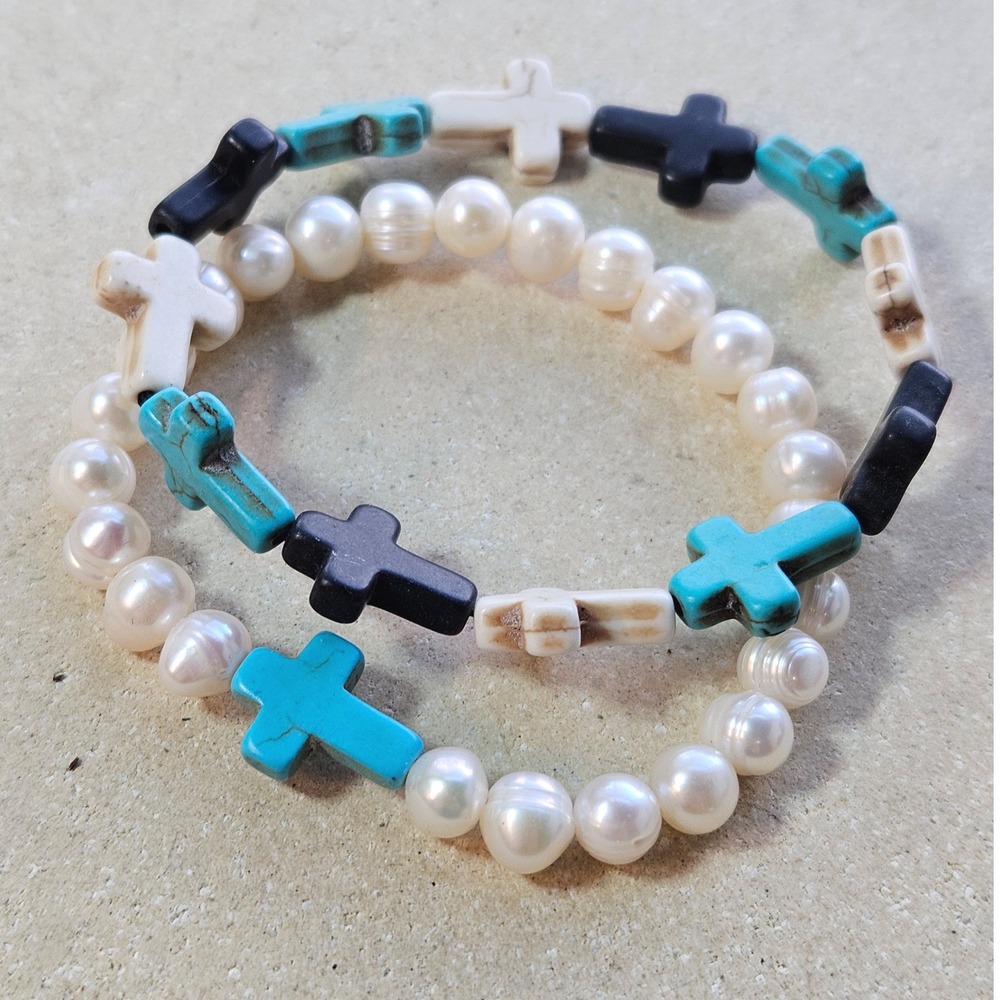 Pearl Turquoise Howlite Cross Stretch Bracelet Set White Black Blue Religious